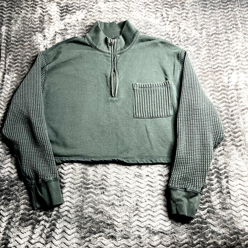 MATE Organic Fleece and Waffle Cropped Half-Zip Sweatshirt Black Size L